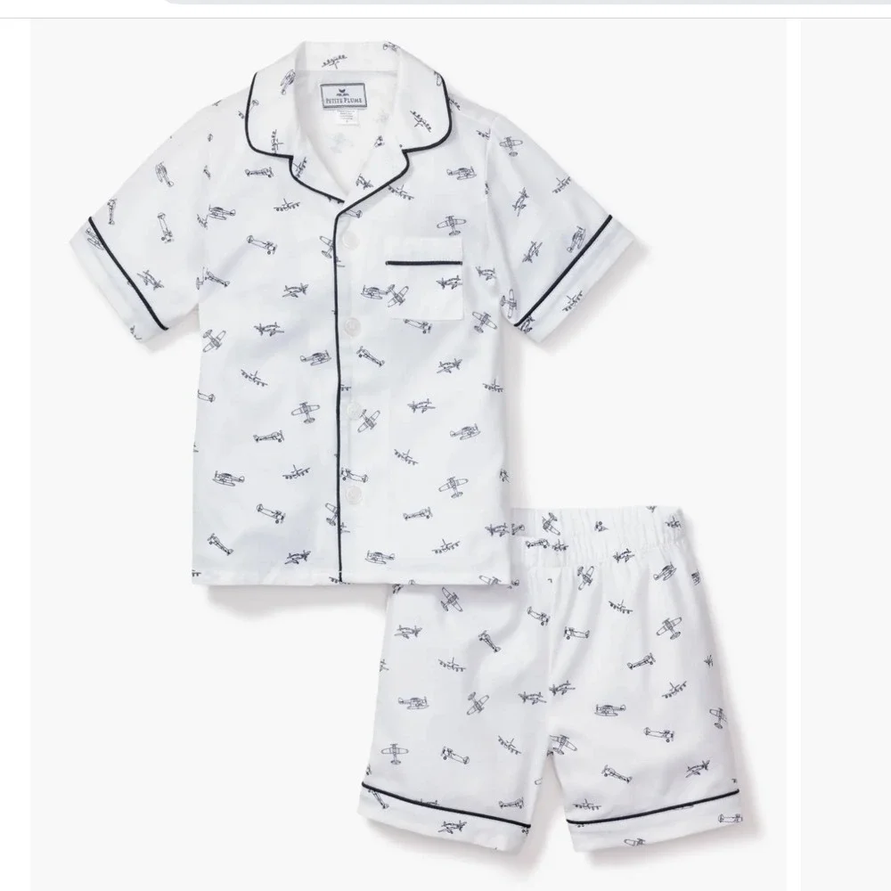 Petite Plume Boys Par Avion Short Pajama Set White Airplane‎ Print Size 12 NWT